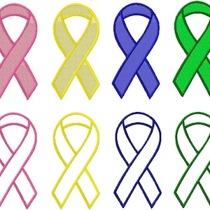 May include: Eight different colored ribbon designs. The ribbons are pink, yellow, blue, green, white, yellow, blue, and green. The ribbons are all in the shape of a bow.