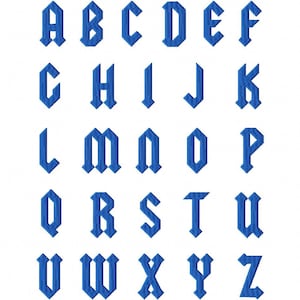 May include: A blue alphabet in a gothic font style. Each letter is outlined in black and has a white background.