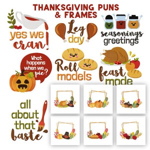 May include: A set of 10 Thanksgiving-themed embroidery designs featuring puns and frames. The designs include phrases like "yes we cran!" and "leg day" as well as images of turkeys, pumpkins, and rolls. The designs are perfect for adding a festive touch to your Thanksgiving crafts.