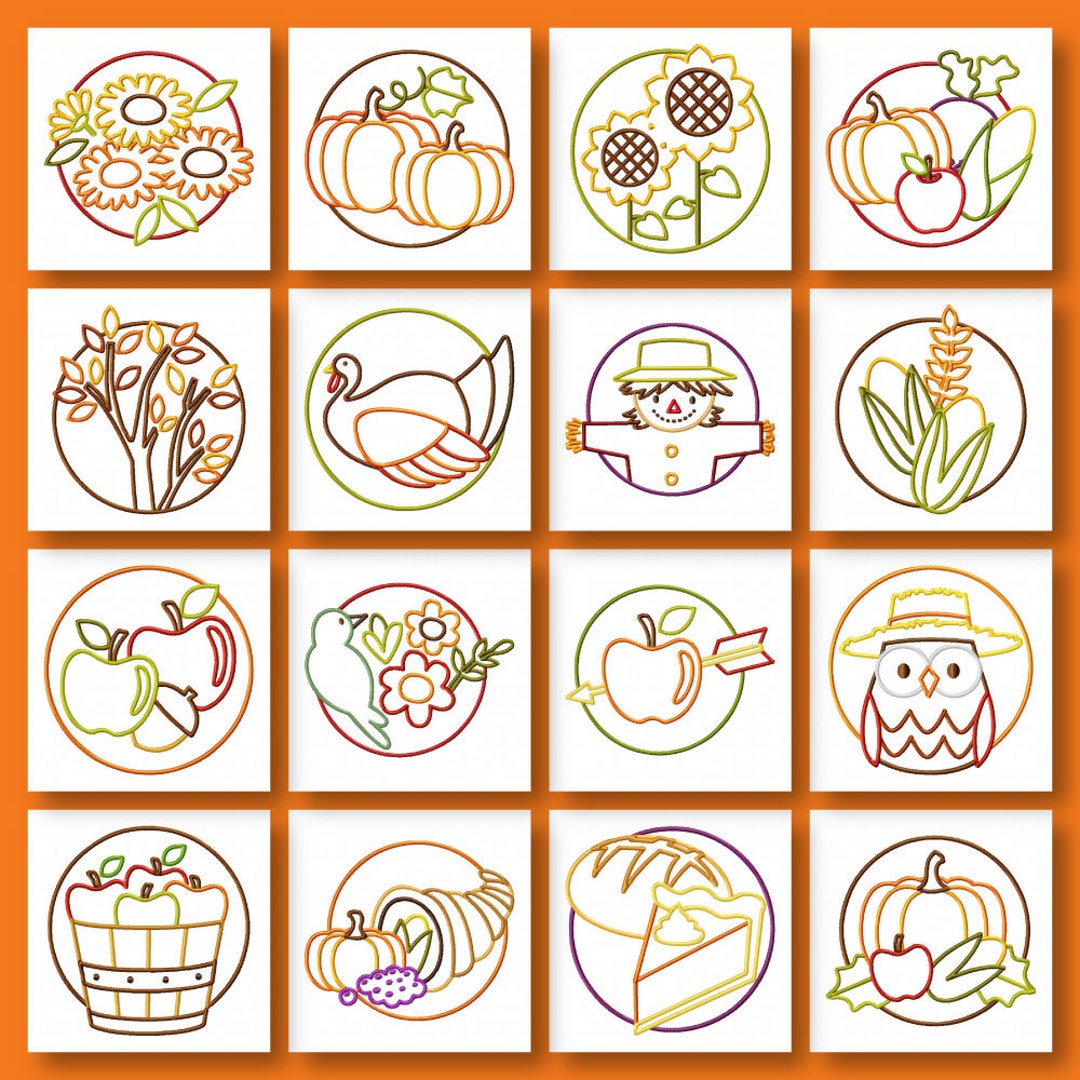 Bountiful Harvest Linework Embroidery Designs, 16 Fall & Thanksgiving ...