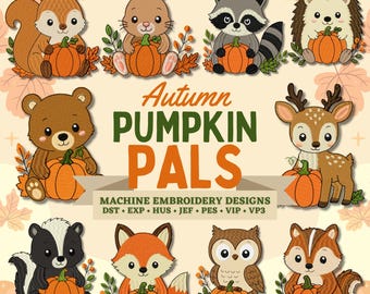 Autumn Pumpkin Pals Machine Embroidery Designs, 10 Cute Woodland Animals, Fall Embroidery Files, Fox Bear Bunny, PES DST Instant Download