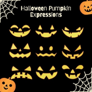 Op de afbeelding: Negen verschillende Halloween-pompoen-uitdrukkingen met verschillende gezichtsuitdrukkingen, waaronder glimlachen, fronsen en verrast. De tekst "Halloween Pumpkin Expressions" staat bovenaan de afbeelding.