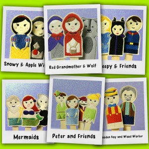 May include: Set of 10 felt finger puppets featuring characters from classic fairy tales. The puppets are made of felt and have embroidered details. The characters include Snow White, Red Riding Hood, the Wolf, Sleeping Beauty, Prince Charming, Peter Pan, Tinkerbell, Captain Hook, a mermaid, and a wooden boy.