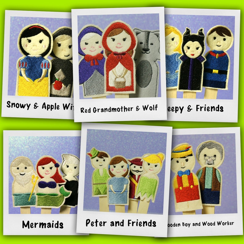 May include: Set of 10 felt finger puppets featuring characters from classic fairy tales. The puppets are made of felt and have embroidered details. The characters include Snow White, Red Riding Hood, the Wolf, Sleeping Beauty, Prince Charming, Peter Pan, Tinkerbell, Captain Hook, a mermaid, and a wooden boy.