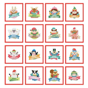 May include: A set of 16 colourful Christmas gift tags featuring various cute animals wearing Santa hats and holding gifts. Each tag has a red border and the text "Merry Christmas!" in a white banner.