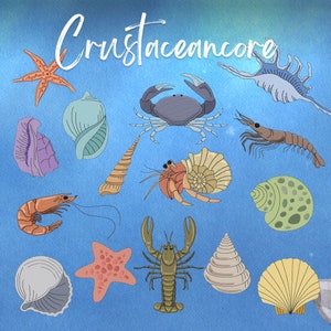 May include: An illustration of various crustaceans, including a crab, lobster, shrimp, and hermit crab, along with seashells and starfish. The text "Crustaceancore" is written in a stylized font at the top of the image.