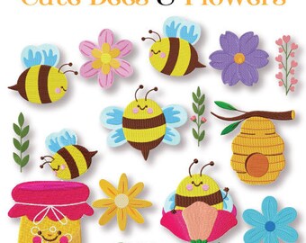 Disegni di ricamo di api e fiori carini, 14 inclusi, ricamo a macchina, Brother PES DST e tutti i formati più diffusi Download istantaneo