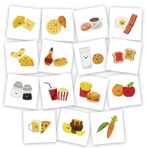 May include: A set of 12 illustrated food cards with cute faces. Each card features a different food item, such as a fried egg, a glass of milk, a cheeseburger, and a piece of toast. The cards are perfect for a fun and educational activity for children.