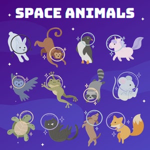 May include: A set of 10 colorful illustrations of different animals wearing space helmets. The animals include a rabbit, monkey, penguin, unicorn, owl, frog, raccoon, mouse, turtle, cat, dog, and fox. The illustrations are on a purple background with white stars.