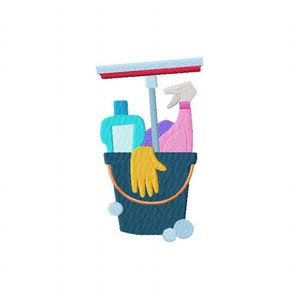 May include: A blue bucket filled with cleaning supplies, including a yellow cleaning glove, a pink spray bottle, a blue bottle, and a squeegee. The bucket is sitting on a white background.