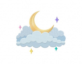Starry Moon Cloud Embroidery Design, Machine Embroidery , Brother PES, DST & All Popular Formats, Instant Download