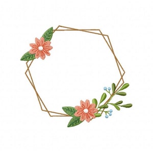 May include: A geometric gold frame with pink flowers and green leaves. The frame is a hexagon shape.