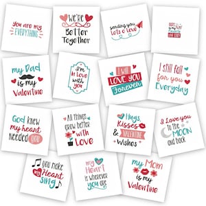 Könnte beinhalten: Ein Set mit 12 druckbaren Valentinstagskarten mit verschiedenen romantischen Botschaften. Die Karten haben einen weißen Hintergrund mit bunten Herzen, Blumen und Text. Einige der Botschaften lauten: "Du bist mein Ein und Alles", "Wir sind besser zusammen", "Ich werde dich für immer lieben", "Ich verliebe mich jeden Tag aufs Neue in dich" und "Mein Herz ist, wo du bist".