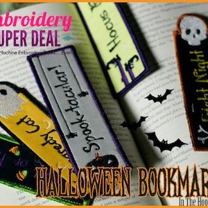 May include: A set of Halloween-themed embroidered bookmarks. The bookmarks feature various designs, including a ghost, a cat, a skull, and a bat. The text on the bookmarks reads "Spooky-tacular!" "Ready Cat" "Hocus" and "Fright Night".