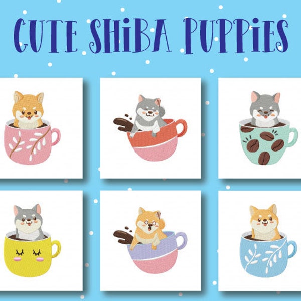 Cute Shiba Puppies Embroidery Designs, 6 Included, Machine Embroidery, Brother PES DST & All Popular Formats, Instant Download