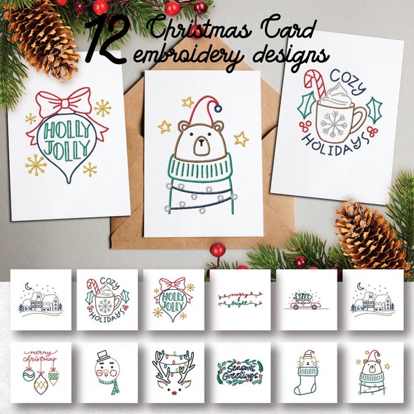 Christmas Card Embroidery Designs, 12 Holiday Designs Included, Machine Embroidery, Brother PES DST & All Popular Formats, Instant Download