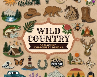 Disegni per ricamo Wild Country, 30 inclusi, ricamo a macchina western cowboy, disegni rustici per esterni, PES DST e tutti i formati più diffusi