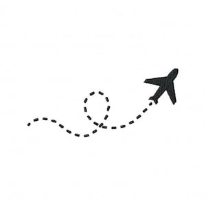 May include: A black airplane silhouette flying with a dashed line trail.
