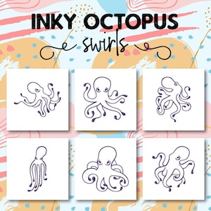 May include: Six black and white line drawings of an octopus with purple accents. The octopus is drawn with a simple, cartoon-like style. The text "INKY OCTOPUS" and "swirls" is written in black above the drawings.