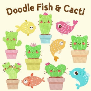 Doodle Fisch und Katze Kakteen Stickmuster, 11 enthalten, Maschinenstickerei, Brother PES DST & alle gängigen Formate Sofortiger Download