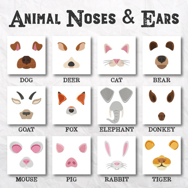 12 Animal Noses And Ears Embroidery Design Pack, Machine Embroidery, PES, All Popular Formats, Instant Download