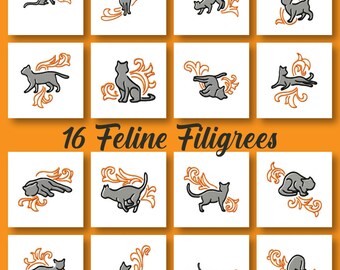 Disegni di ricamo in filigrana felina, 16 disegni di gattino e gatto inclusi, ricamo a macchina, PES e tutti i formati più diffusi, download istantaneo