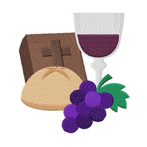 May include: A brown loaf of bread, a glass of red wine, and a bunch of purple grapes. This is a traditional Christian symbol of the Eucharist.