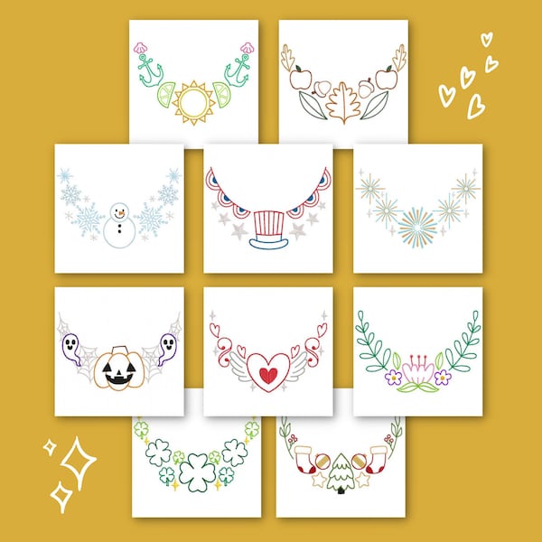 All-Year Necklines Embroidery Designs, 10 Included, Machine Embroidery, Brother PES DST & All Popular Formats Instant Download