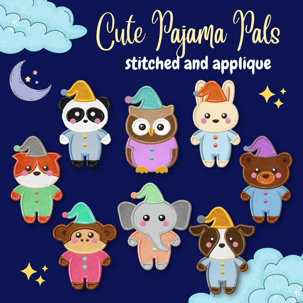 Cute Pajama Pals Stitched And Appliqué Embroidery Design, 8 Included, Machine Embroidery, Brother PES, All Popular Formats, Instant Download