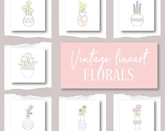 Vintage Lineart Florals Embroidery Designs, 7 Included, Machine Embroidery, Brother PES, DST & All Popular Formats, Instant Download