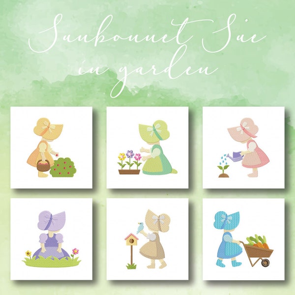 Sunbonnet Sue in Garden Embroidery Designs, 6 Included, Machine Embroidery, Brother PES DST & All Popular Formats, Instant Download