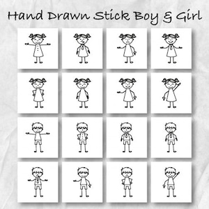 Op de afbeelding: Een set van 12 handgetekende stick figure illustraties van jongens en meisjes in verschillende poses. De figuren zijn simpel en zwart-wit.