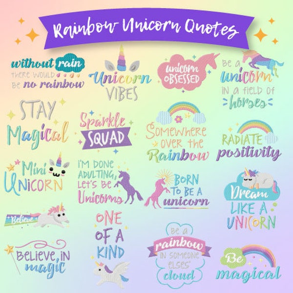 Rainbow Unicorn Quotes Embroidery Designs, 17 Included, Machine Embroidery, Brother PES EXP DSY & All Popular Formats, Instant Download