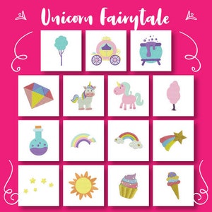 Puede incluir: Un conjunto de 12 diseños de bordado con elementos de cuento de hadas de unicornio, que incluyen un unicornio, un carruaje, un arcoíris, un cupcake, una estrella, un sol, una nube de algodón de azúcar, una botella de poción, un diamante, un árbol, un caldero y un cono de helado.