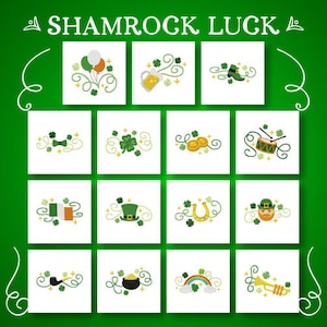 Pode incluir: Um conjunto de 12 desenhos de bordado que apresentam vários símbolos irlandeses, incluindo trevos, duendes, potes de ouro e um arco-íris. Os desenhos são perfeitos para adicionar um toque de charme irlandês aos seus projetos.