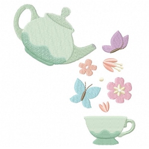 May include: A green teapot pouring tea into a green teacup.  The tea is being poured out in a stream of flowers and butterflies.  The flowers are pink, peach, and light blue.  The butterflies are blue and purple.