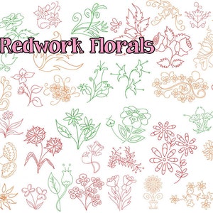 Puede incluir: 50 Motivos Florales de Redwork: Una colección de 50 diseños florales de arte lineal en rojo, verde y naranja. Estos diseños son perfectos para el bordado, el acolchado y otras manualidades.