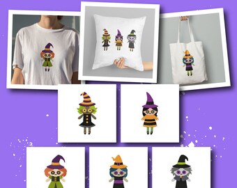 Heksenpoppen borduurontwerpen, 5 Halloween-ontwerpen inbegrepen, machineborduurwerk, Brother PES EXP en alle populaire formaten, direct downloaden