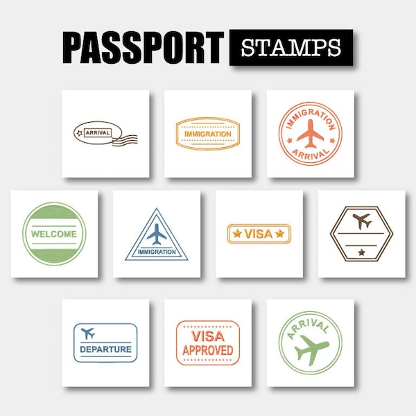 10 Passport Stamps Embroidery Design Pack, Machine Embroidery, PES, All Popular Formats, Instant Download