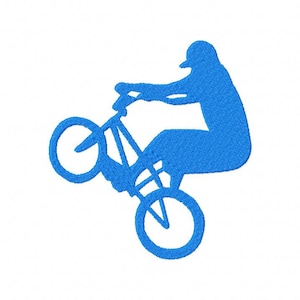 May include: A blue silhouette of a person performing a stunt on a bicycle. The person is wearing a helmet and is in mid-air with the front wheel of the bicycle raised.