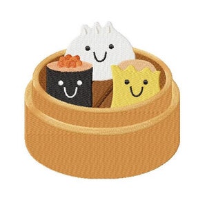 Könnte beinhalten: Ein brauner Bambus-Dampfkorb gefüllt mit drei Cartoon-Dim-Sum-Knödeln. Die Knödel haben lächelnde Gesichter und sind mit verschiedenen Zutaten gefüllt.