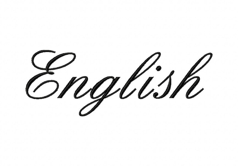Op de afbeelding: Het woord "English" geschreven in een cursief schrift.