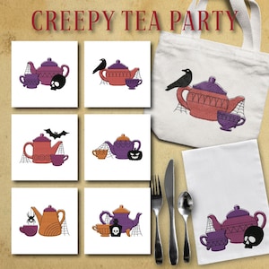 May include: A set of six embroidered tea towels featuring a spooky tea party theme. Each towel has a different design with a teapot, teacup, and a Halloween-themed element like a spider, bat, skull, or pumpkin. The towels are white with purple and orange embroidery.