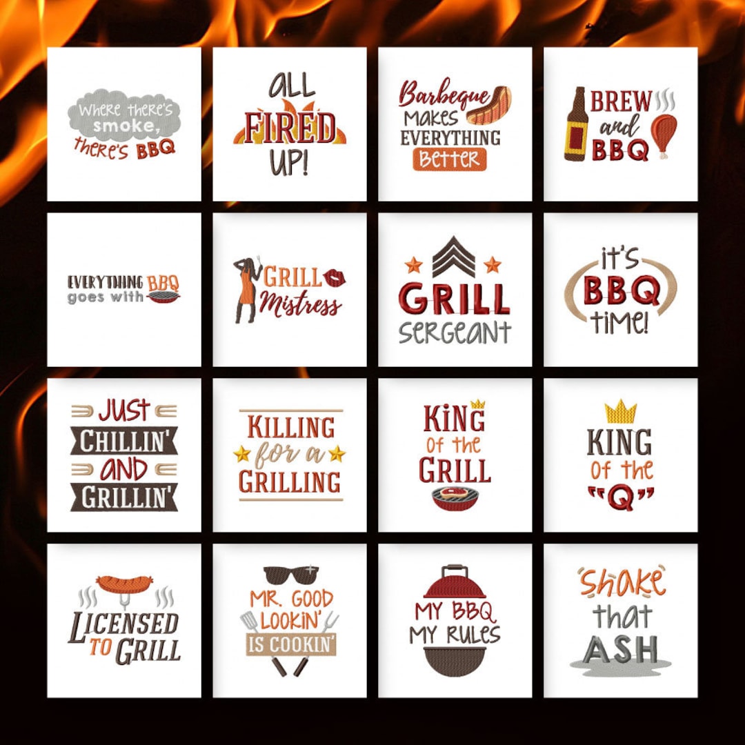 BBQ Sayings Embroidery Designs, 16 Food & Grilling Designs Included, Machine Embroidery, PES and