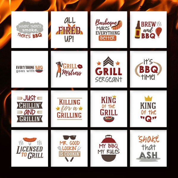 BBQ Sayings Embroidery Designs, 16 Food & Grilling Designs Included, Machine Embroidery, PES and All Popular Formats, Instant Download