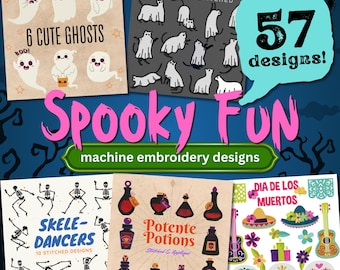 Spookachtige Halloween-borduurpatronen voor de borduurmachine | 57 ontwerpen | Spoken, skeletten, toverdrankjes en meer | PES DST | Direct downloaden