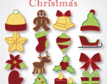 May include: A set of 14 Christmas applique designs, including a stocking, a star, a reindeer, a bow, a candle, a present, a tree, a gingerbread man, a holly sprig, a bell, a Santa hat, a sleigh, an ornament, and a poinsettia.