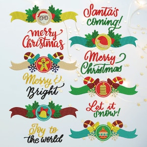 Christmas Calligraphy Ribbons Embroidery Design Pack, 12 Designs Included, Machine Embroidery, PES, All Popular Formats Instant Download