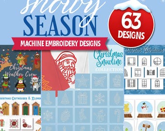 Disegni per ricamo a tema stagione nevosa / 63 disegni natalizi per ricamo a macchina / Ricami invernali e festivi / PES DST VP3 / Download immediato