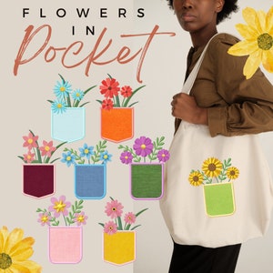 Flowers in Pocket Embroidery Designs, 8 Included, Machine Embroidery, Brother PES DST & All Popular Formats Instant Download